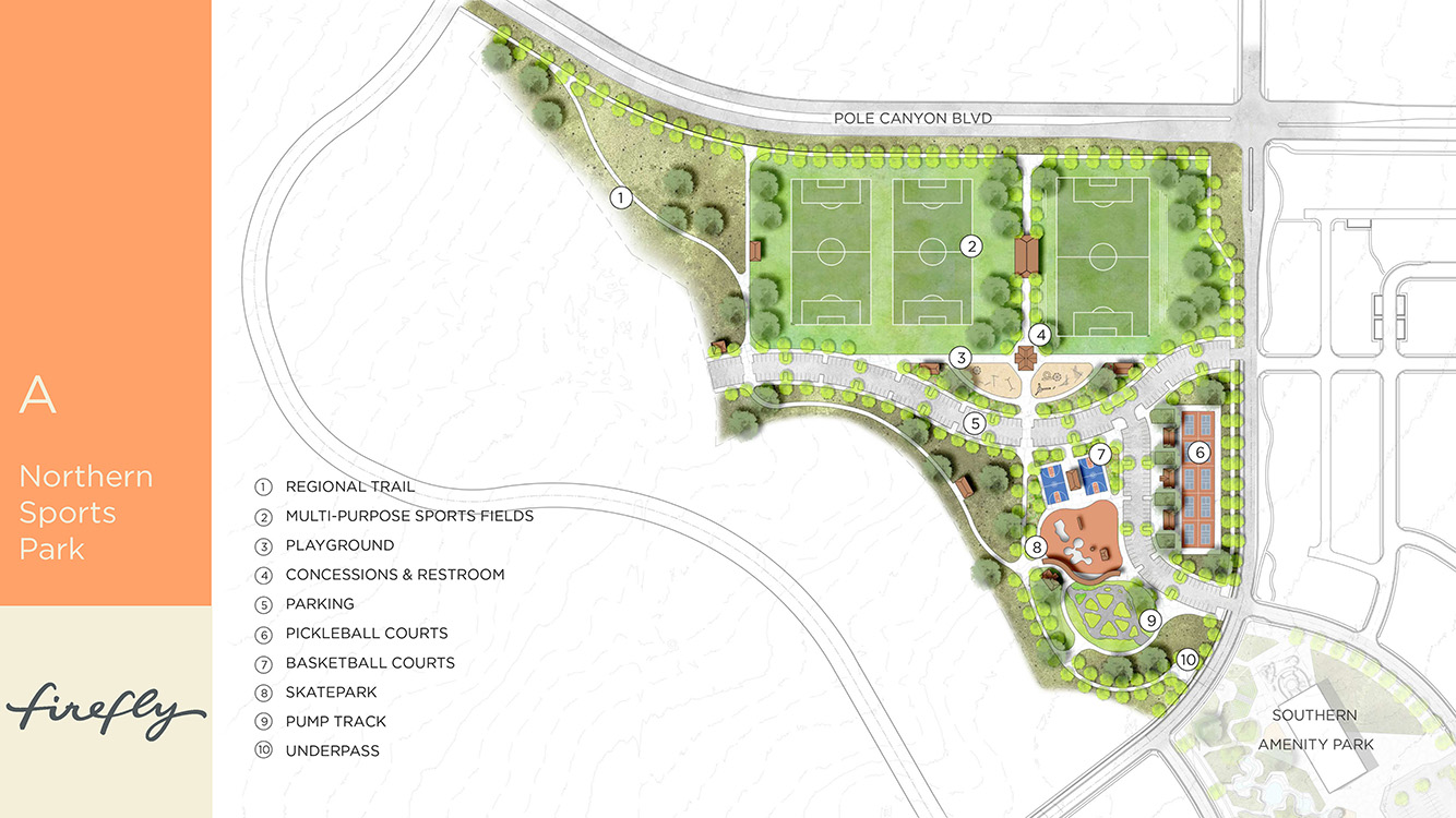 Northern Sports Park with a regional trail, multi-purpose sports fields, playground, concessions & restroom, parking , pickle ball courts, basketball courts, skate park, pump track, underpass